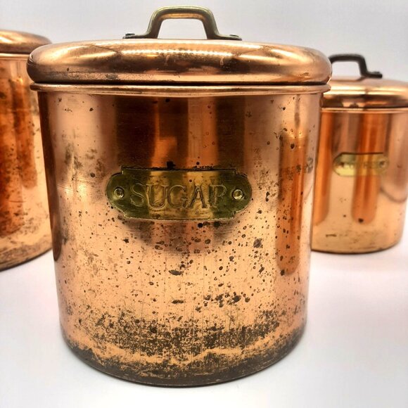 Vintage Copper Kitchen Canister Set Flour Sugar Coffee Tea Rustic Farmhouse - Picture 3 of 12